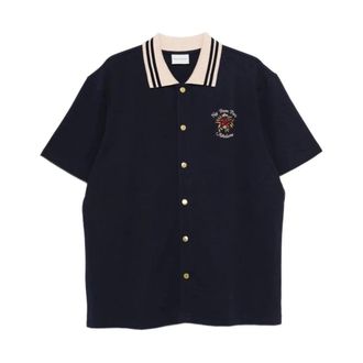 Dr&ocirc;le de Monsieur Overhemden, Heren, Blauw, M, Katoen, Korte Mouw Button-Up Shirt met Borduurwerk