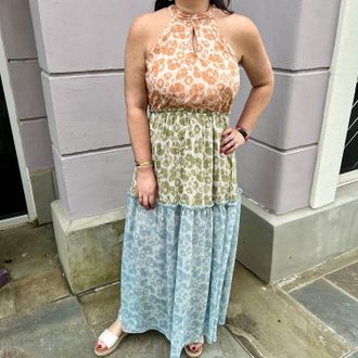 Greek Archaic Kori Soft Printed Halter Maxi Dress In Multi
