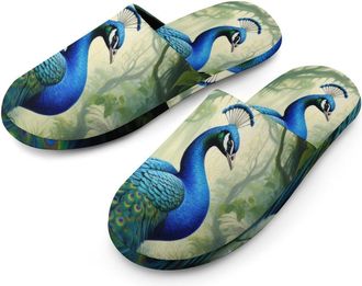 Generic Peacock And Forests Flannel Mens Slip-on Slippers Winter Warm House Shoes with Rubber Sole for Home Hotel