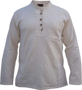 Gheri Mens Band Collar Cotton Grandad Collar Long Sleeve Handmade Oxford Shirt Beige XXX-Large