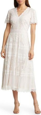 Tadashi Shoji Lace & Mesh Midi Cocktail Dress in Ivory/Petal at Nordstrom Rack, Size 2