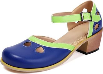 Generic Womens Cutout Round Toe Ankle Strap Pumps Adjustable Buckle Chunky Wood Heel Smooth Upper Two-Tone Sole Soft Insole Breathable Comfortable Shoes,Blue,