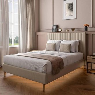 X Rocker Maisie Velvet Upholstered Bed Frame with LED Lights in Beige | Size: Double