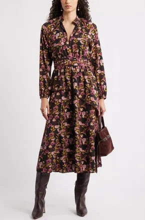 Chelsea28 Long Sleeve Ruffle Midi Dress in Black- Yellow Molly Bloom at Nordstrom, Size Xx-Large