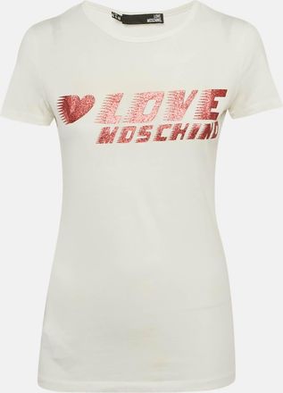 Love Moschino White Glitter Logo Printed Cotton Knit T-Shirt