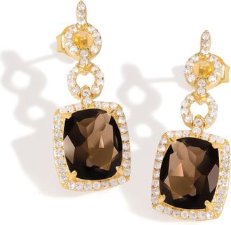 Tiramisu 14K Gold Plated Over 925 Sterling Silver Smoky Quartz Halo Drop Earrings