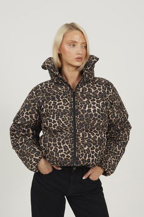 Brave Soul Womens Brown Leopard Print Short Puffer Jacket With Oversized Collar - Size 10 UK