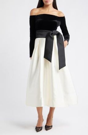 Julia Jordan Off the Shoulder Long Sleeve Velvet Cocktail Midi Dress in Black Multi at Nordstrom Rack, Size 10