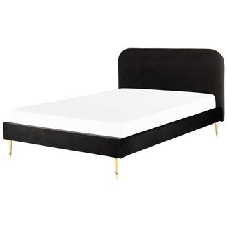 Beliani Cama Con Somier De Terciopelo Negro Dorado 160 X 200 Cm Patas De Metal Flayat