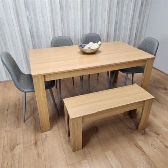 Kosy Koala Kosy Koala - Wooden Dining Table Set for 6 Oak Effect Table With 4 Grey Gem Patterned Chairs and 1 Bench