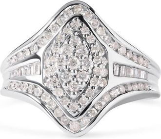 House of Brilliance 14K White Gold 3/4 Cttw Round and Baguette cut Diamond Cluster Ring (H-I Color, I1-I2 Clarity)