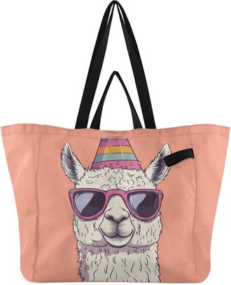 Generic Party Hat Sunglass Orange print Reusable Canvas Tote Bag, Heavy Duty Grocery Shopping Bag with Hard Bottom Double Handles Large Capacity Work Grocerie