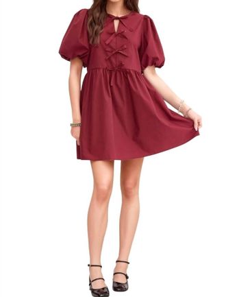 Entro Dalila Puff Sleeves Bow Detail Mini Dress In Garnet