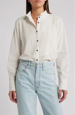 The Great. Pleated Long Sleeve Tuxedo Top In White