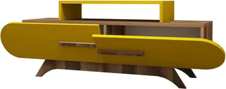 Dmora Mobile Porta Tv Praesepem, Credenza Da Soggiorno, Armadio Basso Per Tv, Base Parete Attrezzata, 145x37 H50 Cm, Noce E Giallo - Dmora