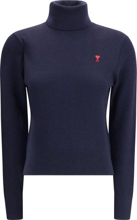 Ami Womens Ami De Coeur Turtleneck Sweater Marine-Rouge Merino Wool Marine/rouge