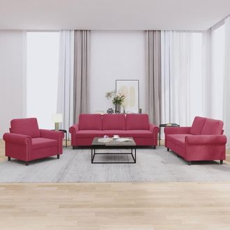 vidaXL Juego De Sof&aacute;s Con Cojines 3 Piezas Terciopelo Rojo Tinto Vidaxl