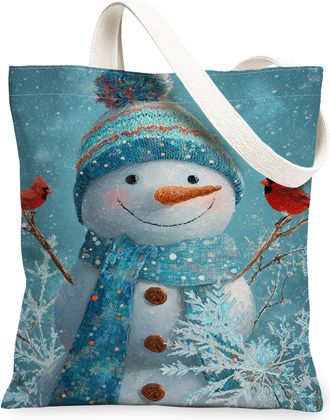 Generic Winter Snow Man Canvas Tote Bags, Cold Character Pattern Reusable Bags, Holiday Vintage Fun Lightweight Washable Shoulder S, Blue, 13x15 Inch