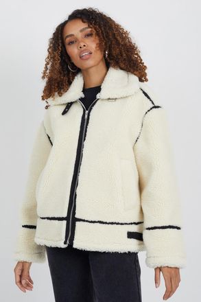 Brave Soul Womens Cream Oversized Borg Aviator Jacket - Size 14 UK