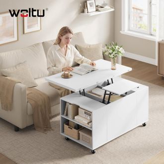 Woltu Woltu Mesa De Centro Doble Elevable, Moderna, Con Caj&oacute;n, Espacio De Almacenamiento Y Ruedas, Para Sof&aacute; De Sala, Blanco