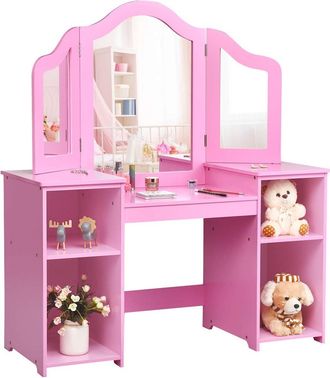 Costway Costway Tocador Para Ni&ntilde;os Con Compartimentos Abiertos Escritorio Con Espejo Extra&iacute;ble Mueble De Mdf Estanter&iacute;a Para Libro Juguete Almacenameitno (ros