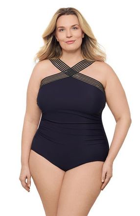 Aqua Green Plus Size Novelty Trim High Criss Cross Neck Full Coverage One-Piece Swimsuit in True Navy at Nordstrom, Size 2X