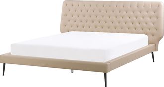 Beliani Cama Tapizada En Piel Sint&eacute;tica Beige 160 X 200 Cm Dise&ntilde;o Moderno Cabecero Acolchado Essonne