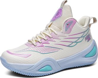 Generic Mens Basketball Shoes High Top Anti Slip Shock-Absorbing Running Fashionable Durable Training Boots Walking Shoes(White-Purple,8.5 UK)