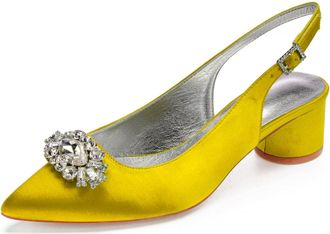 Generic Wedding Shoes Womens Low Heels Pointed Toe Bridal Heels Comfortable Satin Chunky Heels Prom Party Dress Shoes 4.5Cm,Yellow,4 UK