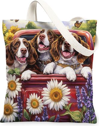 Generic Spring Weimaraner Dog Canvas Tote Bag for Shopping 13x15, Truck Garden Daisy Scenic Puppy Reusable Grocery Print Bag for Women, Pet Beach Aesthetic Pa
