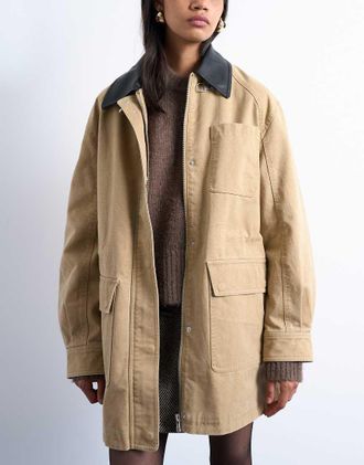Topshop Giacca barn super oversize color cuoio con fibbia-Marrone