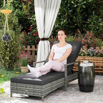 OUTSUNNY Patio Dual Rattan Wicker Single Sun Lounger with 5-Level Adjustable Headrest in Grey