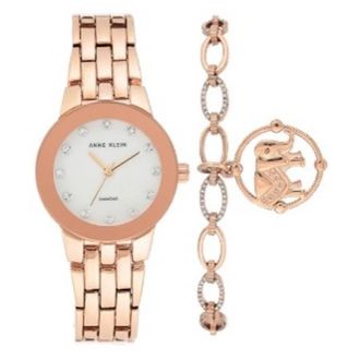 Anne Klein Quartz Crystal White Dial Ladies Watch and Bracelet Set AK-3588RGST