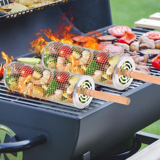 OEM 2 Stuks Cilindrische Rvs Barbecue Winkels, Draagbaar Met Houten Handgrepen