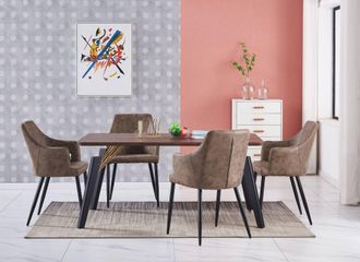Life Interiors Juego De Comedor Cosmo Lux Zarah: Mesa De Comedor De Madera De Nogal Y Juego De 4 Sillas De Comedor De Cuero Marr&oacute;n - Comedor Cocina