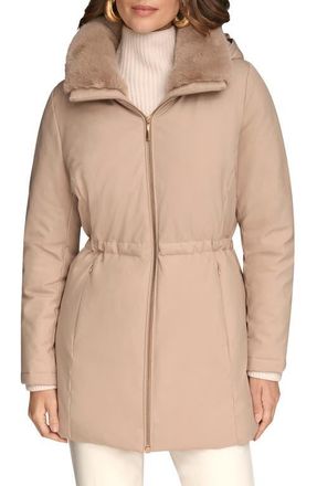 DKNY Lux Water Resistant Puffer Coat with Faux Fur Trim in Barley at Nordstrom, Size X-Small