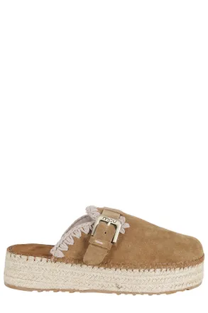 Mou Cognac Jute Crochet Trim Adjustable Strap Suede Clogs
