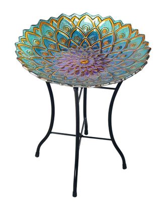 Peaktop Outdoor 18In Hand Painted Mosaic Flower Fusion Glass Bird Bath