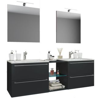 VCM 3 Pcs Set 2 Lavabo, 2 Espejos, 2 Lavabos, 1 Compartimento Medio Lavabo De Cer&aacute;mica Gabinete Inferior 155 Cm Mueble De Ba&ntilde;o Set De Lavadero Doble - Bad