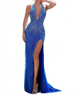 Portia & Scarlett Ps25162 Halter Neck Sequin Embellished Gown In Cobalt