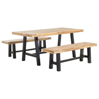 Beliani Conjunto De Comedor De Jard&iacute;n Con Tablero De Madera Clara Y Patas Negras 3 Piezas Mesa Rectangular De Madera De Acacia 2 Bancos Scania