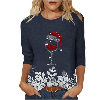 Generic RLEHJN Christmas T Shirts Women Sparkly Wine Glass Printed Tops Fashion Xmas Shirts Round Neck Blouses Elegant Tshirts Casual Pullover 3/4 Sleeve Tuni
