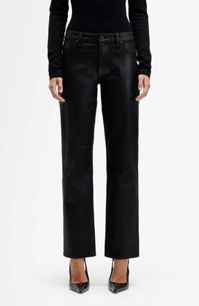 7 For All Mankind Calie Coated Mid Rise Straight Leg Jeans in Coated Black at Nordstrom, Size 26