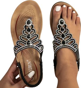 Generic Womens Flat Sandals Boho Summer Rhinestone Beach Flip Flops Sandals Fashion Holiday Beach Open Toe Footwear Summer Outdoor Sandals