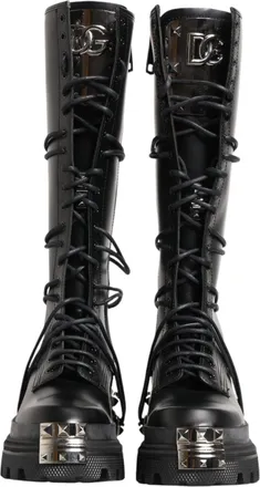 Dolce & Gabbana Black Leather Knee High Combat Boots Mens Shoes