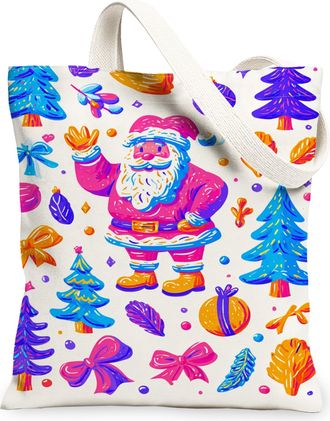 Generic Christmas Santa Canvas Tote Bags, Festive Holiday Design Reusable Grocery Bags, Lightweight Washable Shoulder Strap Canvas, White, 13x15 Inch
