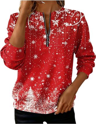 Generic Womens Fashion Christmas Printed Half Zip Ladies Sweatshirts Casual Crew Neck Comfy Ladies Tops Capless Sweatshirt Long Sleeve Tops Women Regular Fit 