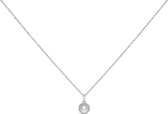 House of Brilliance 10K White Gold 5MM Cultured Pearl and Diamond Accent Halo Pendant Necklace