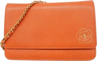 Chanel Orange Red Leather Chain/Shoulder Wallet (Pre-Owned)