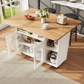 Merax Rolling Kitchen Island with Extendable Dining Table, Fluted Glass Doors in White